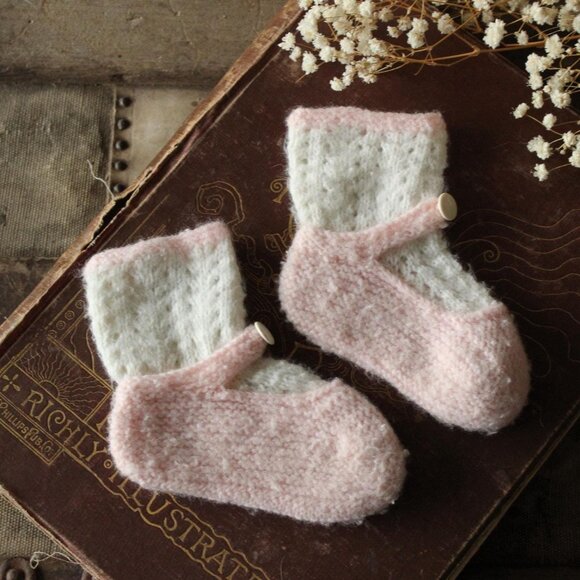 Vintage Other - Vintage 1950s Baby Booties, Infant Girls Knit White With Pink Trim Shoes Layette